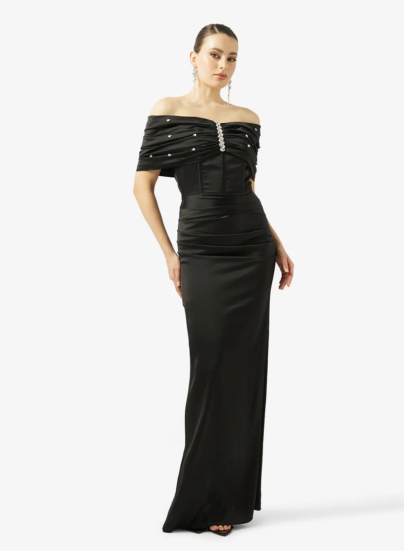Akadia Fashion EMBELLISHED SHOULDER SATIN DRESS